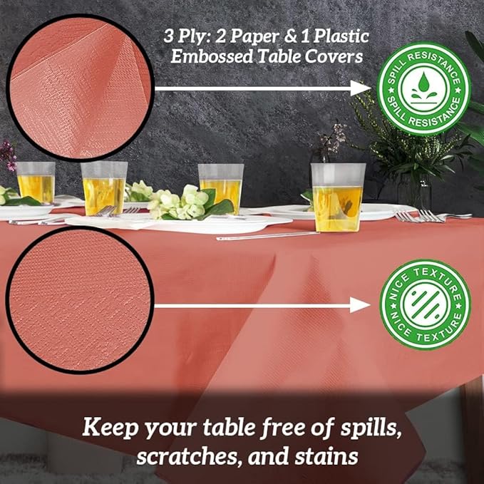 PARTY BARGAINS Disposable Table Covers, 54 x 108 Inch, Red, 3-Ply Paper & Plastic Spill-Resistant Party Tablecloths, 1 Pack