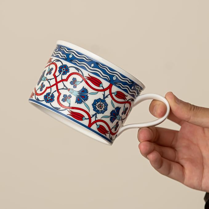 Ceramic Coffee Mug with Saucer 10 OZ Turkish Iznik Rose Flower Porcelain Coffee Cup Set for Home Office Women Men Gifts CM02