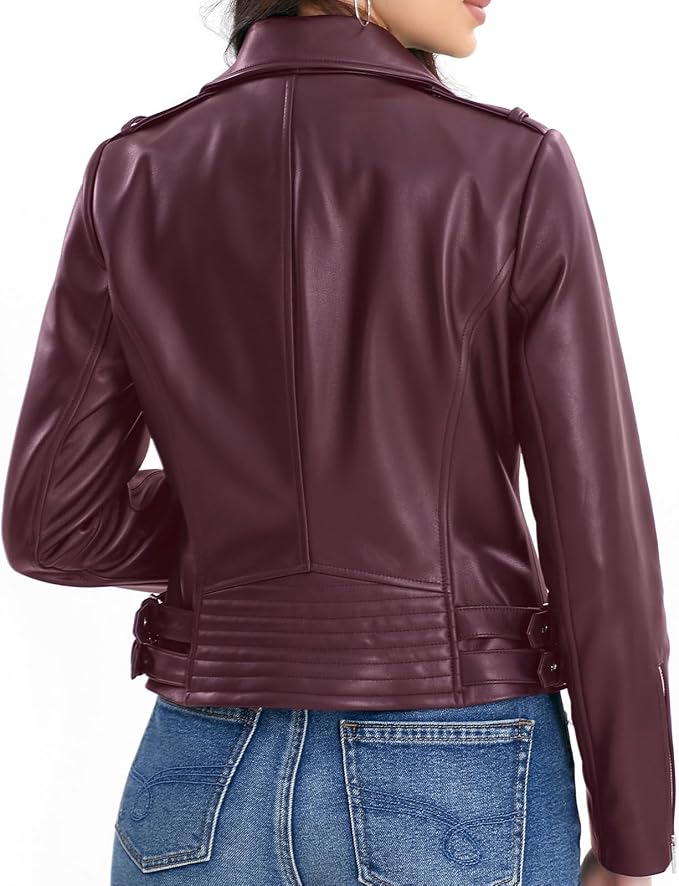 SILVER FASHIONS Lambskin Leather Jacket Women,Motorcycle Jacket,Asymmetrical Zip Style,Buckle Belts,Quilted Details