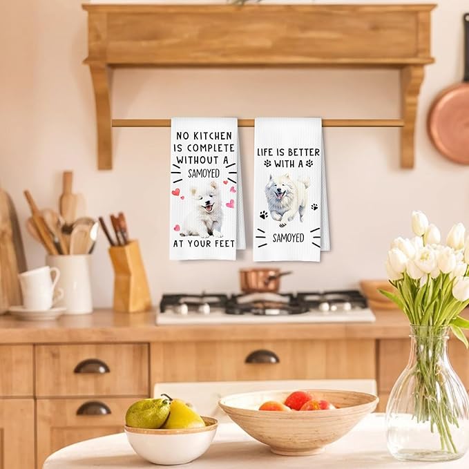 Samoyed Gifts Kitchen Towels, Samoyed Dog Dish Tea Towels for Kitchen Decor, Dog Lover Mom Dad Gifts Decorative Hand Towel, 16x24 Inches Set of 2