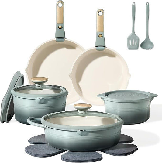 CAROTE 17Pcs Titanium Cookware Set, Pots and Pans Set Non Stick, Kitchen Cooking Set with Detachable Handle, Non Toxic Induction Cookware, Dishwasher/Oven Safe