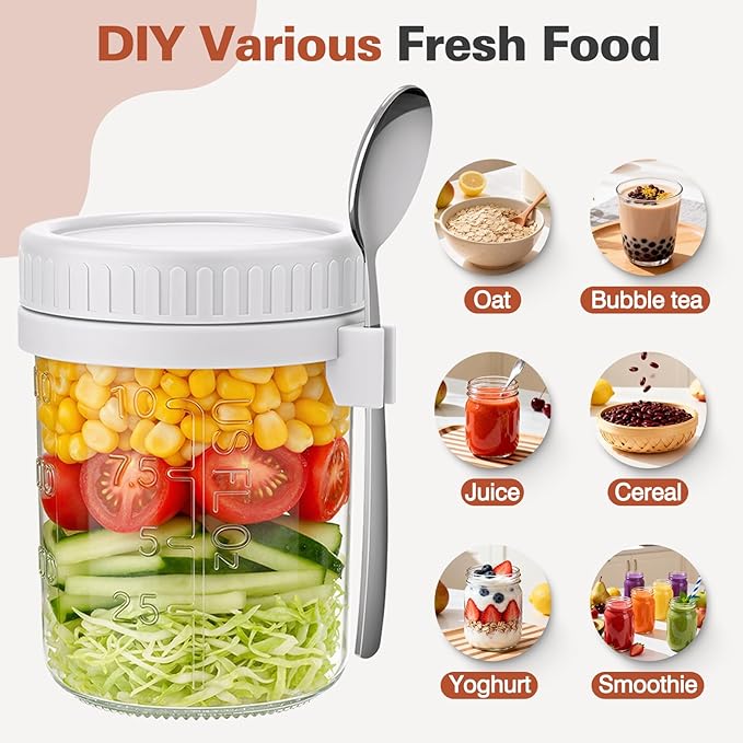 4 Pack Overnight Oats Containers with Lids and Spoons, 16 oz Airtight Oatmeal Container with Measurement Marks, Overnight Oats Jars for Cereal Fruit Vegetable Milk Salad Yogurt Meal Prep
