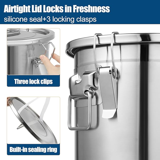 5.55Gal/21L Stainless Steel Airtight Canister, 304 Stainless Steel Food Storage Container, 710.4oz Large Metal Bucket with Lid and Lock Clips for Coffee Beans, Flour, Tea, Sugar, Cereals