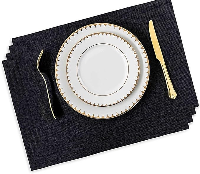 Placemat Set of 4/6 Washable Place Mats Placemats Heat Faux Linen Burlap Placemat for Dining Table Kitchen Table Mats(Black 4 Pieces)