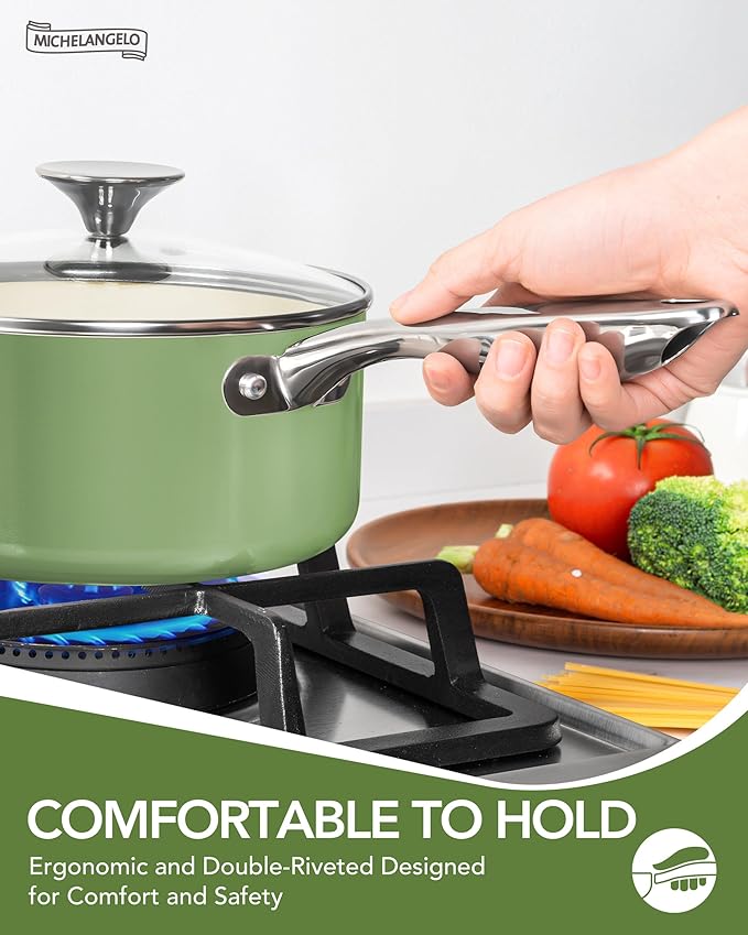 MICHELANGELO Pots and Pans Set Non Stick - Titanium Cookware Set Non Toxic Ceramic Coating, 8-Pcs Nonstick Pots and Pans with Ergonomic Handle, Dishwasher Safe & Induction Compatible, Green
