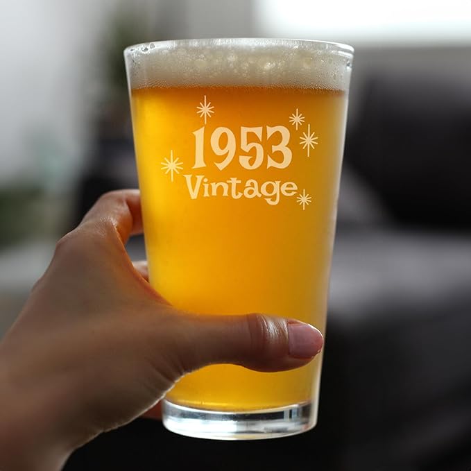 Bevvee Vintage 1953 Pint Glass for Beer - 73rd Birthday Gifts for Men or Women Turning 73 - Fun Bday Party Decor - Set of 4-16 oz