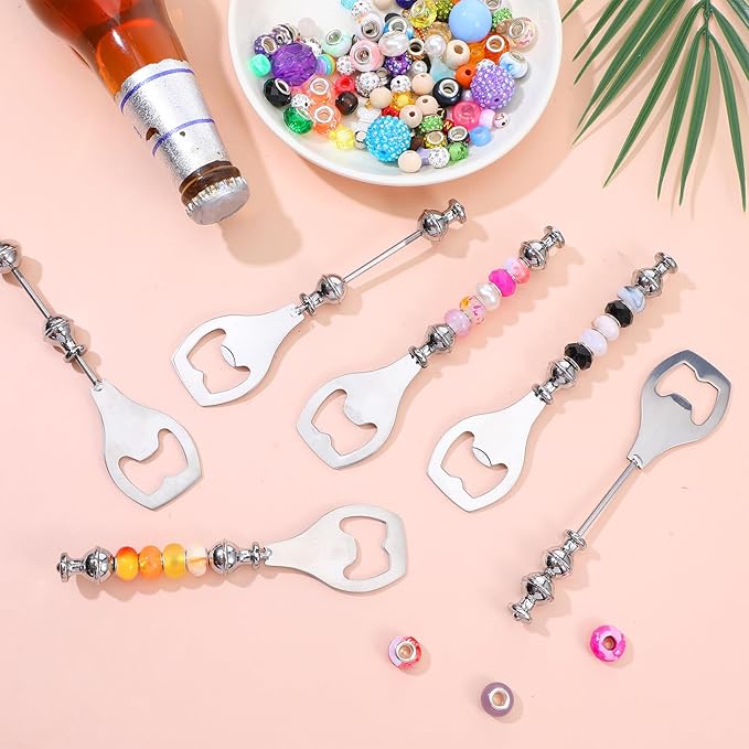 6 Pcs Beadable Beer Opener Metal DIY Bead Bottle Openers Reusable Bottle Opener Decorative Silver Flat Beer Bottles Openers for Crafts Birthday Wedding Christmas Bar Party Favor
