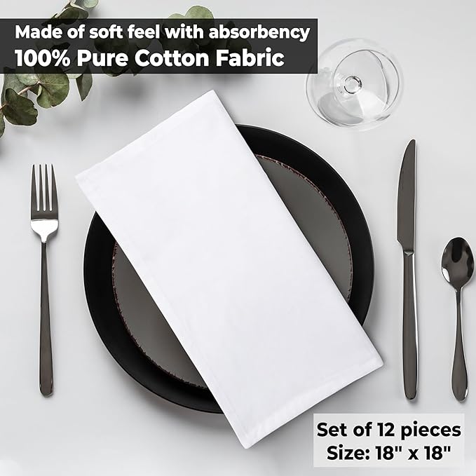 Urban Villa Cloth Napkins White Dinner Napkins Set of 12 (18X18 Inches) 100% Cotton Absorbent Washable Durable Reusable Ideal for Hotel Collection Farmhouse Party Thanksgiving Fall Dinner Napkins