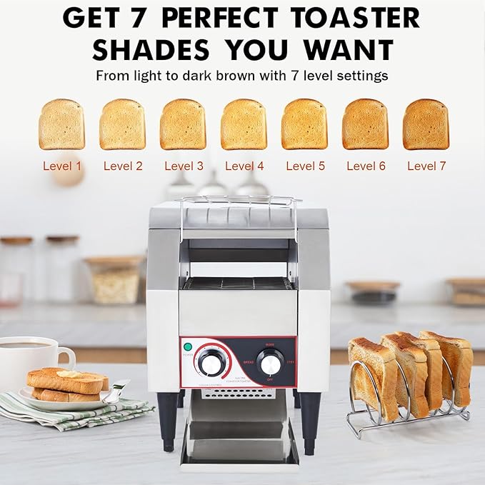 Commercial Conveyor Toaster, 1700W Stainless Steel Bagel Toaster with 7-Speed Control, 300 Slices Per Hour for Restaurant, Cafe, Bakery, Breakfast Service (Countertop)