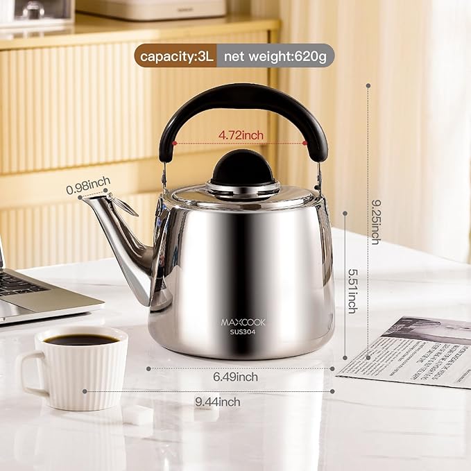 Tea Kettle, 18/8 Stainless Steel Whistling Teapot, 3.17 Quart, Fast Boiling, Anti-Hot Wood Handle (3L,Silver)