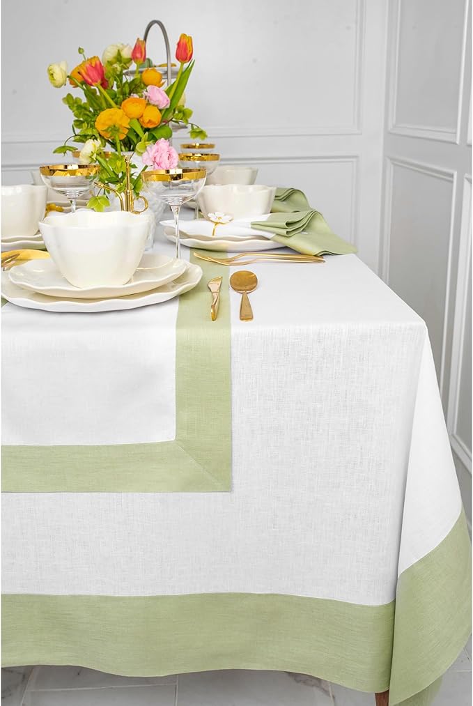 Solino Home Linen Tablecloth 60 x 90 Inch - 100% Pure Linen Sage Green and White Tablecloth for Rectangle Tables - Contempo, Machine Washable Table Cloth for Winter, Spring, Easter, St Patricks Day