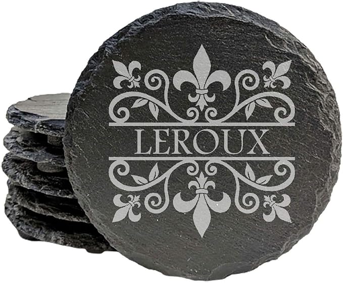 A Touch of Class: Personalized Fleur de Lis Coasters with Monogram - Round Slate - Set of 5