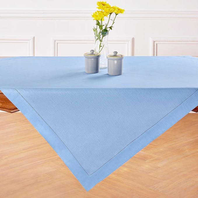 Solino Home Linen Cornflower Blue Tablecloth 52 x 52 Inch - 100% Pure Linen Square Table Throw - Classic Hemstitch, Machine Washable Table Cloth for Spring, Easter
