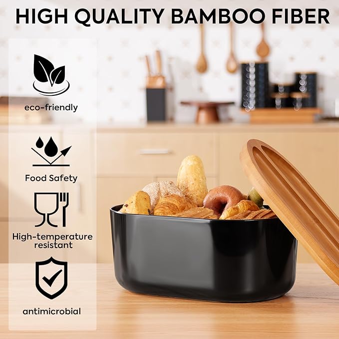 HouseJoy Large Bread Box for Kitchen Countertop,Fiber Bread Box With Thick Cutting Board Lid-Includes,Black Bread Storage for Homemade Container,Corner Bread Holder for Toast Bagel Donut Cookies