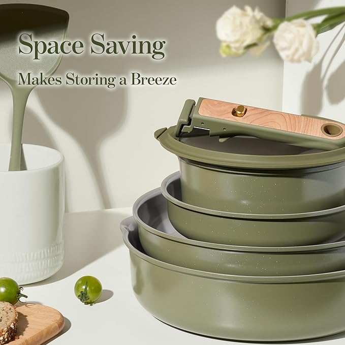 CAROTE 18 Pcs Ceramic Cookware Set Detachable Handle, Non Toxic Pots and Pans Set Non Stick, Induction Kitchen Cookware Removable Handles, Oven Safe, Stackable RV/Camping Cooking Set, Green
