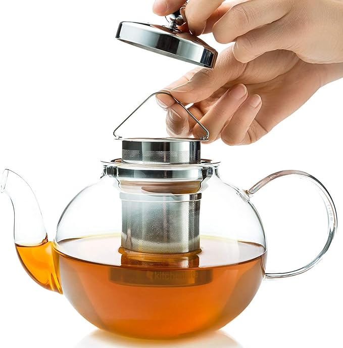 Glass Teapot Set with 4 Double Wall Teacups & Removable Stainless Steel Infuser - Microwave Dishwasher Safe Clear Blooming Loose Leaf Teas, Tea Maker Gift