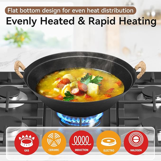 WANGYUANJI 14.2 Inch Cast Iron Wok with Wooden Lid and Iron Spatula, Flat Bottom Double-Handle Chinese Stir Fry Pan, Uncoated Cast Iron Wok for Induction, Gas and Electric Stoves