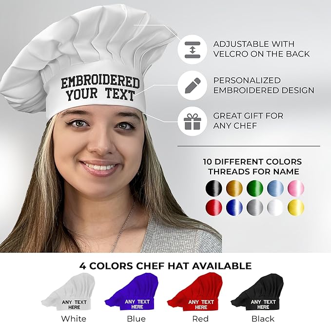 Personalized Chef Hat with Custom Embroidered Name or Text – Adjustable Professional Cooking Hat for Men & Women, Baking, BBQ, Kitchen, Restaurant Use