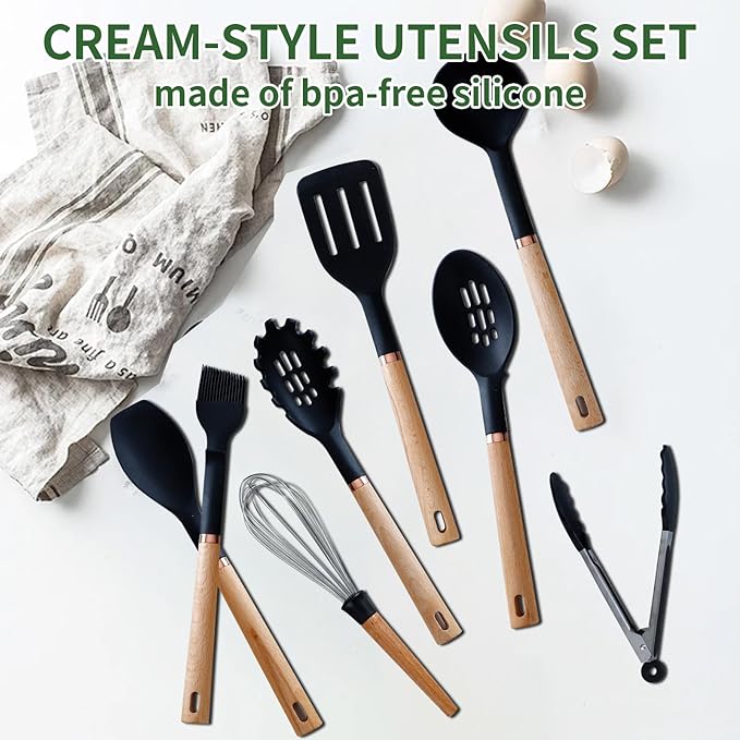 Silicone Cooking Utensils Set, Kitchen Utensils Set 13 Pcs for cooking, BPA Free Spatula Set with Heat Resistant Wood Handles for Nonstick Cookware (Black)