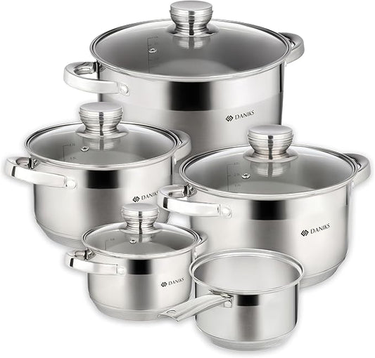 Daniks Standard 9-Piece Stainless Steel Cookware Set with Glass Lids, Includes Saucepan, Tri-Ply Bases for Even Heating, Induction Compatible, Dishwasher Safe, Built-In Measuring Scale, Silver