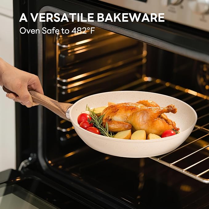 NEWBULIG 17-Piece Nonstick & Non-Toxic Pots and Pans Set, Cookware with Stay-Cool Handles, Induction Compatible, Cream White