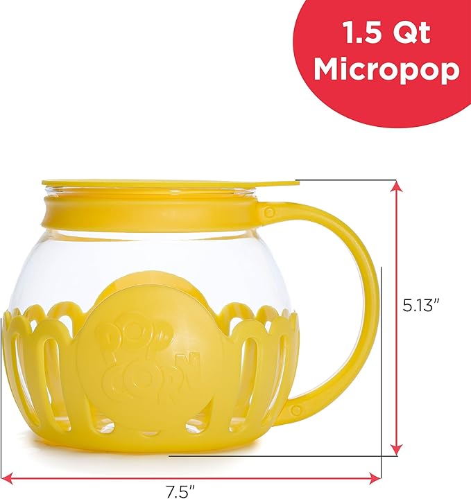 Ecolution Patented Micro-Pop Microwave Popcorn Popper with Temperature Safe Glass, 3-in-1 Lid Measures Kernels and Melts Butter, Made Without BPA, Dishwasher Safe, 1.5-Quart, Yellow (Pack of 4)