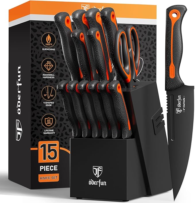Knife Block Set -15 PCS Dishwasher Safe Kitchen Knife Set, High Carbon Stainless Steel, Razor-Sharp knives set with sharpener, Non-Slip Handles, Elegant Box for Christmas,Black