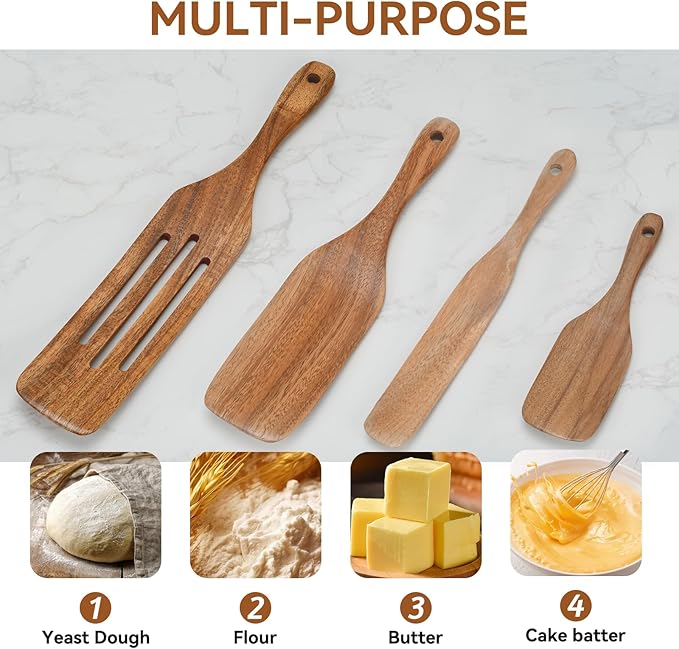 Wooden Utensil Set,Spurtle Set,Wooden Kitchen Utensils Set of 4,Wood Spoon for Sourdough Starter and Jar Cookware