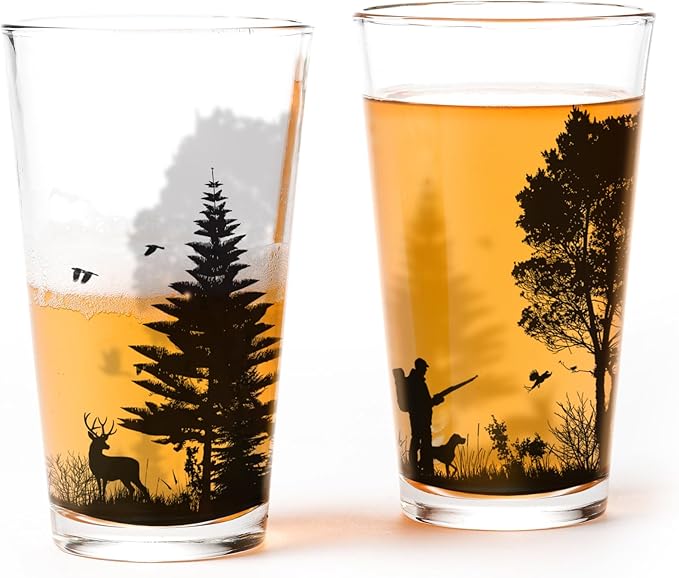Black Lantern Hunting Landscape Pint Glass Set – Set of 2 16oz Beer Glasses with Hunter and Dog Design | Durable Dishwasher-Safe Outdoor Barware for Cabin and Nature Lovers