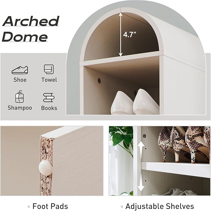 67" Tall Arched Bookshelf, 8 Tiers Arch Bookcase with Storage, Modern Farmhouse Book Shelf with Adjustable Shelves, Wood Bookshelf w/Open Display Shelves for Living Room, Office (Antique White)