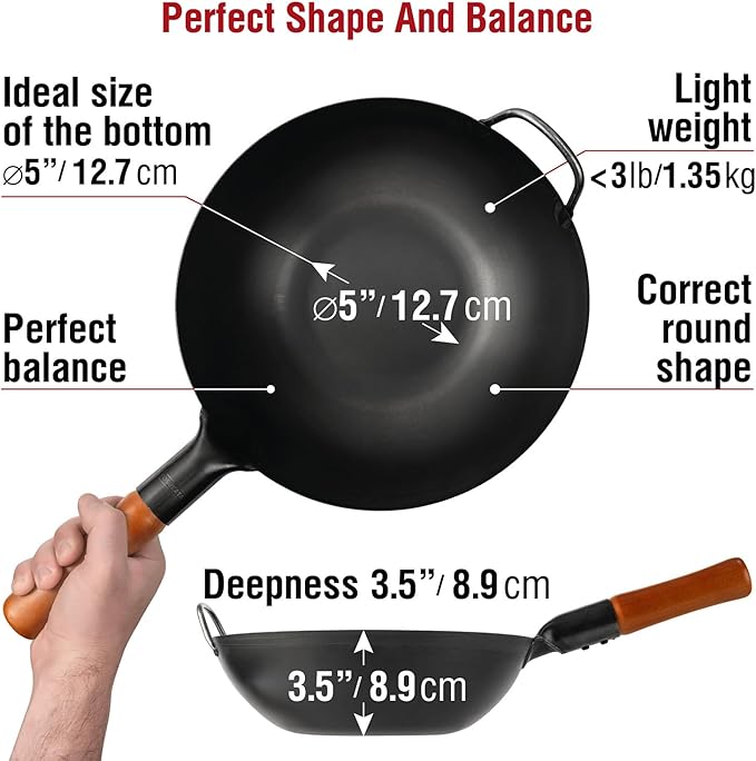 YOSUKATA Carbon Steel 11.8" Stir Fry Wok Pan - Pre-Seasoned Chinese Wok with Flat Bottom, Black Wok for Induction Gas Stovetops + 17" Wok Spatula and Ladle and Turner Spatula - Stainless Stee