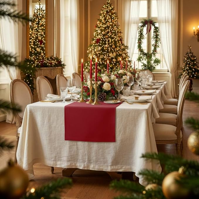D'Moksha Homes Linen Red Table Runner 90 Inches Long - 100% Pure Linen 14 x 90 Inch Table Runner for Dining, Valentines, Spring - Machine Washable