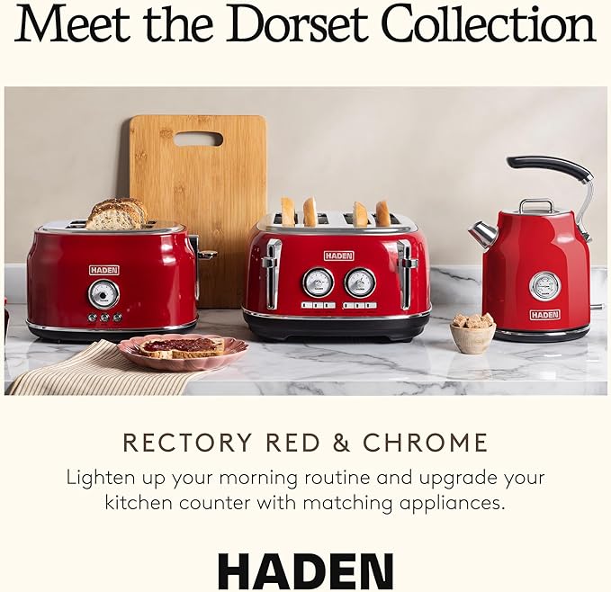 Haden Dorset 2 Slice Wide Slot Stainless Steel Toaster with Adjustable Browning Control & Non-Slip Feet, Rectory Red