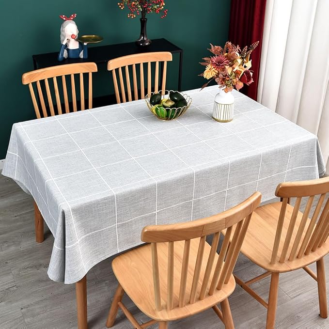 Farmhouse Table Cloth for Rectangle Tables Gray Plaid Boho Tablecloth Heavy Duty Cotton Linen Blend Washable & Wrinkle Resistant Rustic Table Cover for Outdoor Kitchen Dining (52x120 Inch)