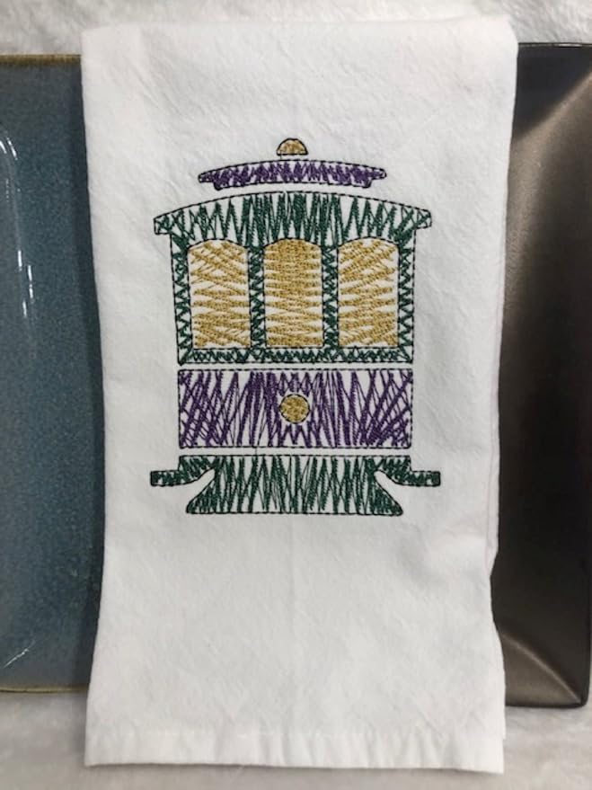 New Orleans Mardi Gras Streetcar Kitchen Tea Towel Embroidered Cotton