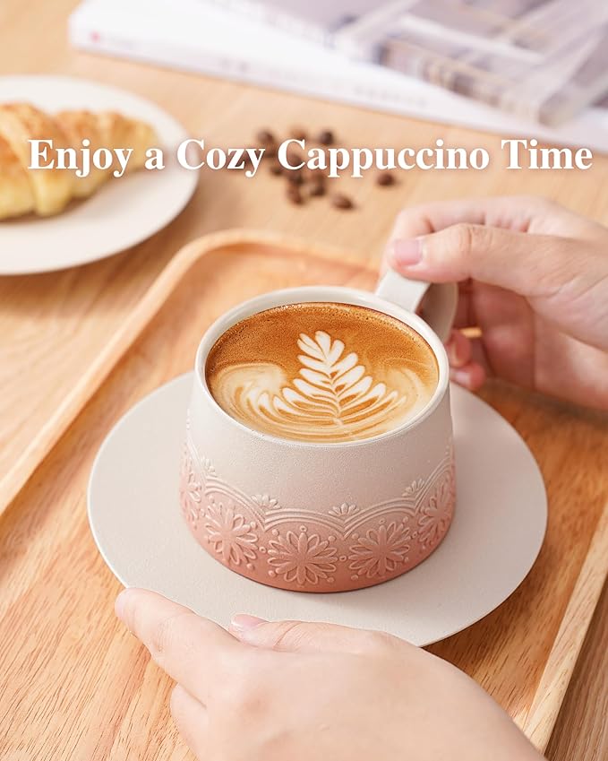 ZENS 7.3 Ounce Cappuccino Cups Set of 2, Artistic Embossed Cappuccino Mug with Saucers, Ceramic Coffee Cups for Double Espresso, Au Lait, Latte or Tea, Coffee Lovers Gifts, Pale Pink