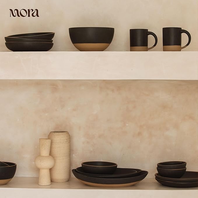 MORA Medium Plates Set of 4, 8.5 inch Ceramic Pottery Salad Plates - Microwave, Oven and Dishwasher Safe - Liquorice