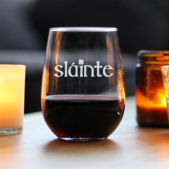 Bevvee Slainte Irish Cheers - Stemless Wine Glass - Fun Irish Themed Gifts and Decor - Large 17 Ounce