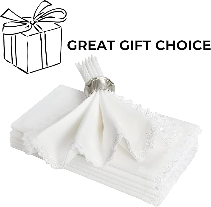 White Cotton Cloth Dinner Napkins 20x20 with Lace Trim Set of 6– Elegant Wedding & Cocktail Table Napkins, Mitered Corners, Machine Washable Fabric, Reusable,