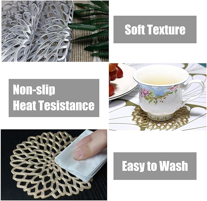10CM Hollow Out Coaster PVC Flower Round Irregular Cup Coasters Pads for Kitchen Wedding Party Home Decor(Gold,8 Pcs)