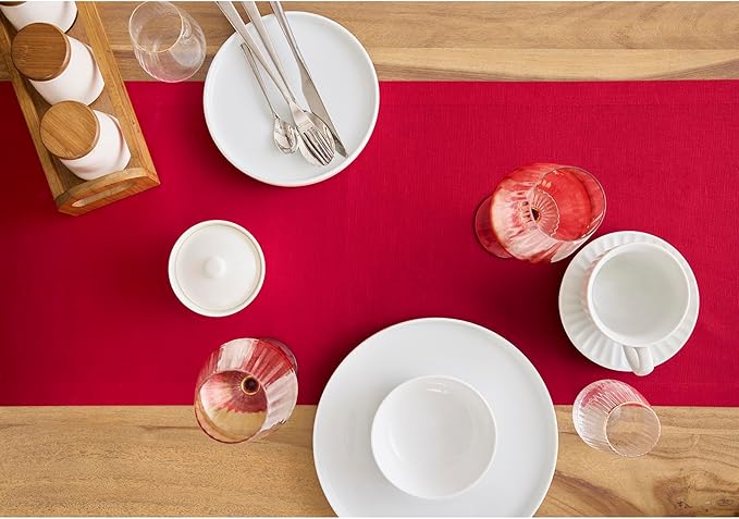 Solino Home Cotton Linen Table Runner 120 Inches Long - Dru Scarlet Red Dining Table Runner 14 x 120 Inch for Valentines - Handcrafted and Machine Washable