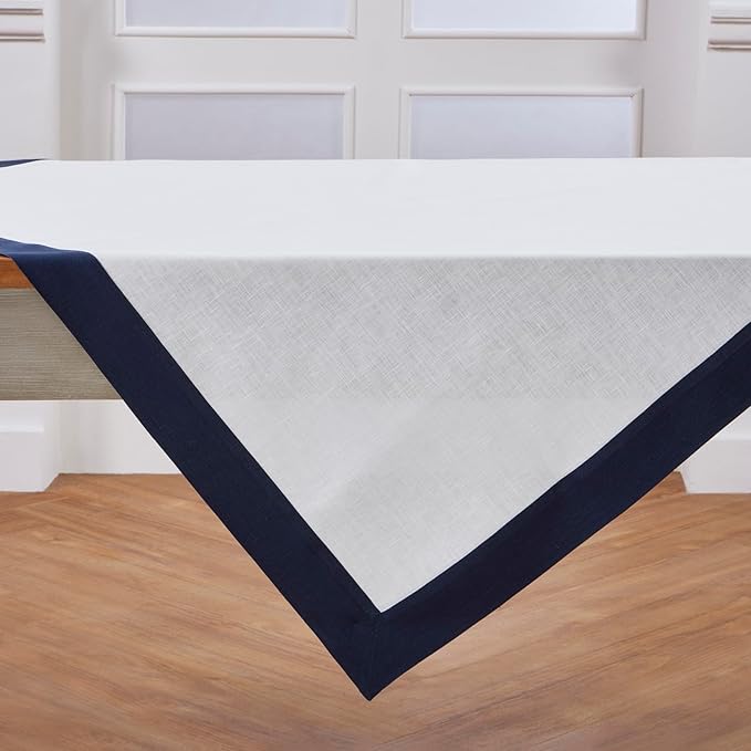 Solino Home Linen Square Tablecloth 52 x 52 Inch - 100% Pure Linen Navy and White Table Throw - Contempo, Machine Washable Table Cloth for Winter, Spring, Easter