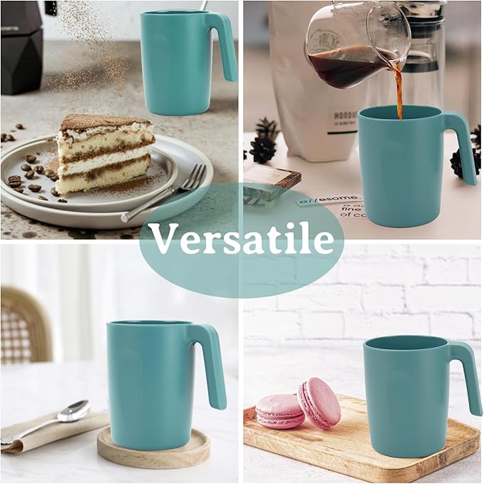 Wrova 16oz Wheat Straw Cups with handles set of 6-Plastic Cups Reusable-Unbreakable Kids Mugs-Dishwasher Safe & Microwave Safe-Ideal Plastic Mugs for Tea,Coffee,Camping,RV-Green