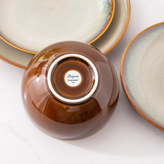 LeRatio Ceramic Dinnerware Sets for 6,18-Piece Plates and Bowls,Handmade Reactive Glaze Dishes Set,Chip Resistant and Scratch Resistant | Oven Dishwasher & Microwave Safe,Service for 6-Kahki