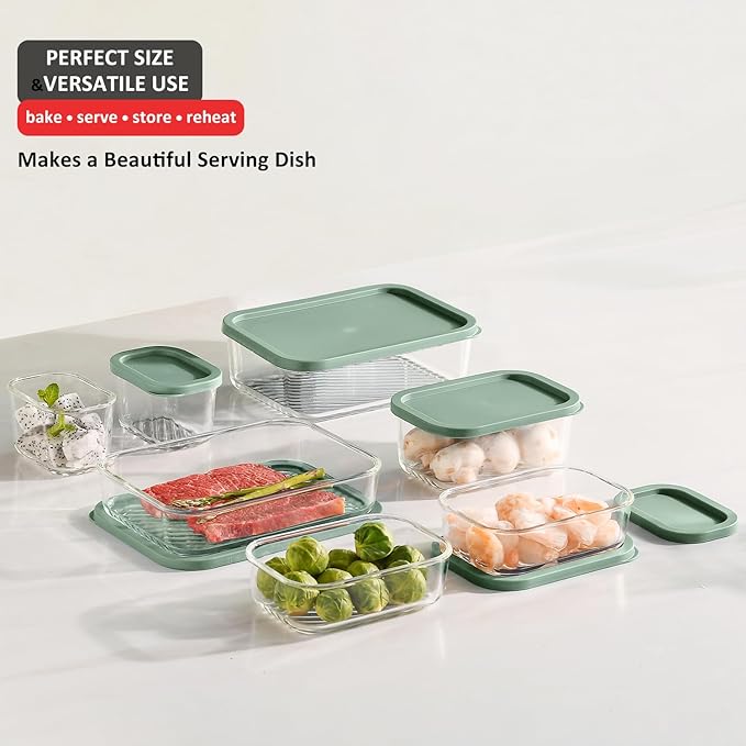 EATEX 7 Pack Glass Meal Prep Containers with Grooved Base, 7 Stackable BPA Free Glass Storage Containers with Lids for Lunch, Pantry, and Kitchen - Microwave, Dishwasher Freezer & Oven Safe - Sage