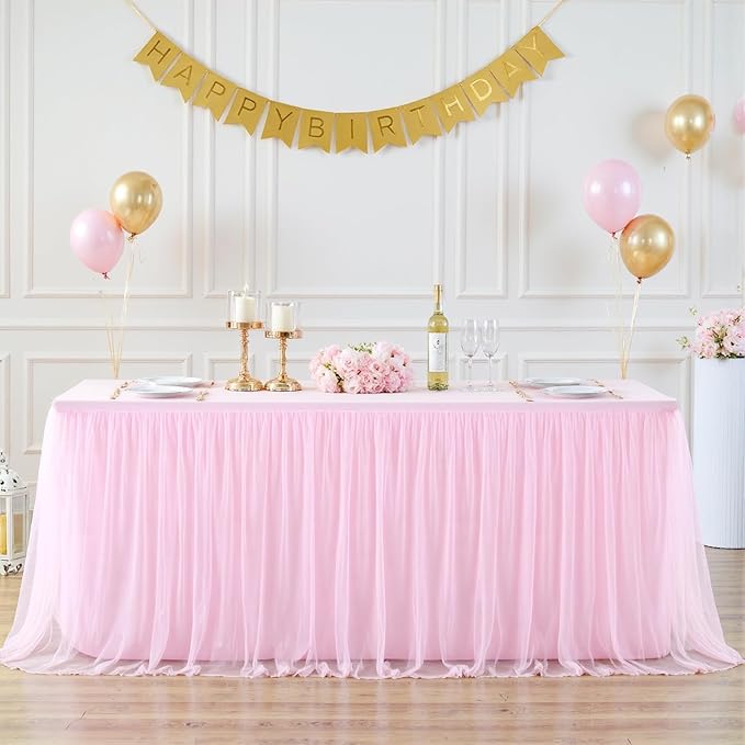 Suppromo Pink Tulle Tablecloth for 4 Foot Rectangular Tables 48 x 24 Inch White Rectangle Table Cloth 4ft Wrinkle Free Table Cover with Tutu Skirt for Wedding Birthday Party Banquet Tablecover