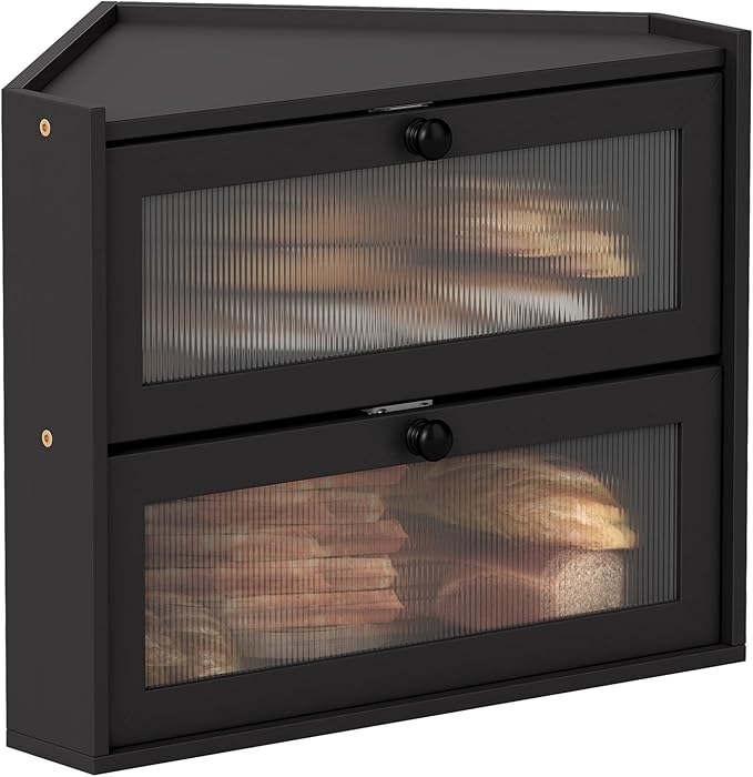 2 Tier Bread Box, Natural Bamboo Wood Bread Storage Container Cabinet with Window for Kitchen Countertop, Space Saver Handmade Sandwich Bread Keeper for Home Bakery (Black Corner Breadbox)