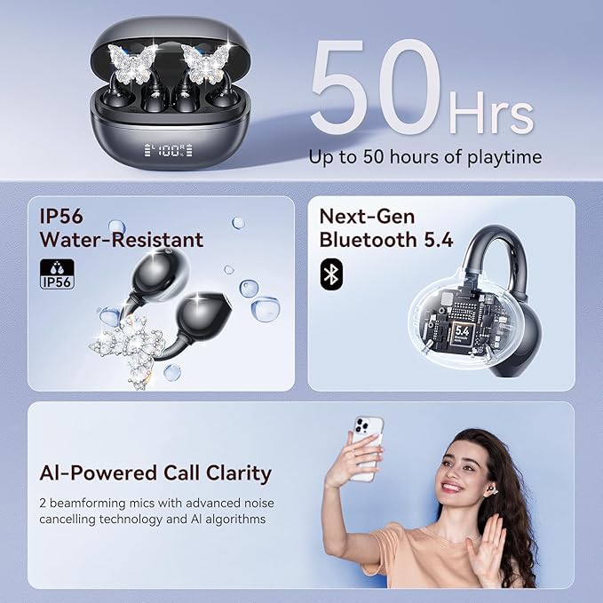 Kinglucky ClipFree A20 Open-Ear Earbuds with Butterfly Earrings, Secure & Comfort Fit, Premium Sound Clip-On Earbuds with Digital Display, 50H Playtime Bluetooth 5.4 Wireless Headphones Black