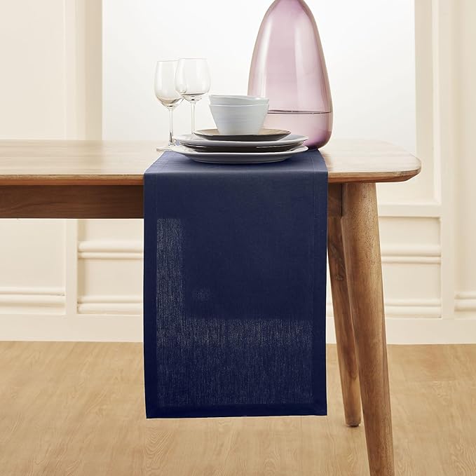 Solino Home Navy Blue Table Runner 132 Inches Long - Dru Cotton Linen Dining Table Runner 14 x 132 Inch for Winter - Handcrafted and Machine Washable