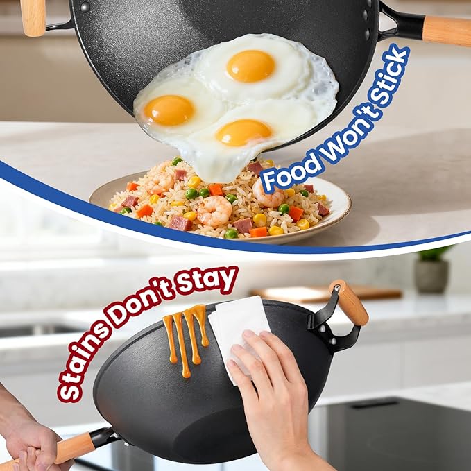 AOSION 13'' Nonstick Wok, Cast Iron Wok with Lid, 5 PCS Wok Pan & Stir-Fry Pans Set with Oil Filter Tray and Spatula, No Chemical Coated Flat Bottom Chinese Woks Pan for All Stoves